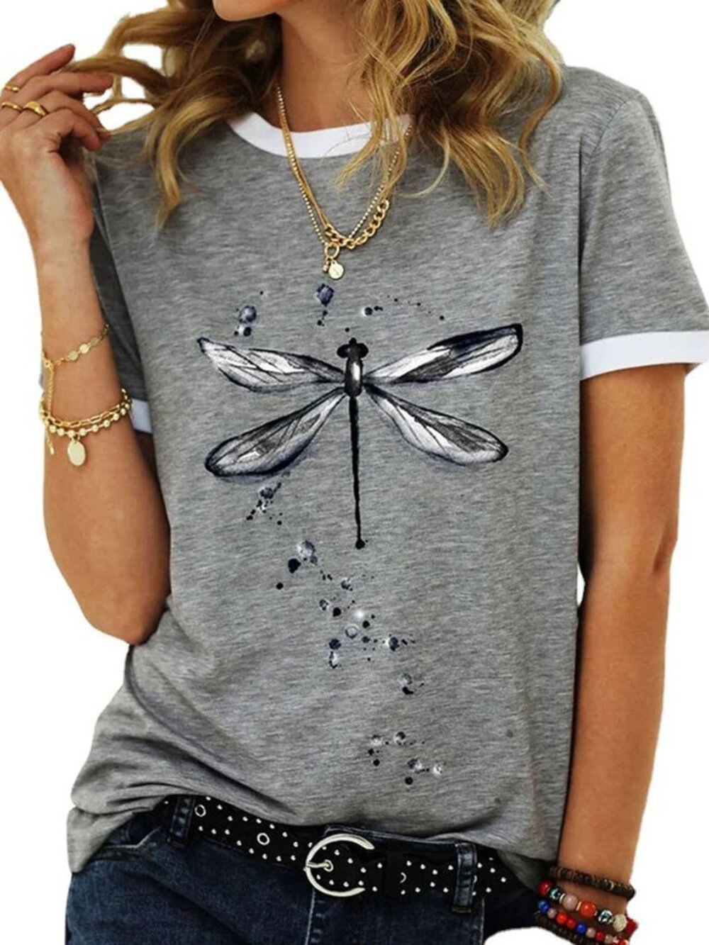 Women's Graphic Tees Casual Summer Funny Dragonfly Printed Short Sleeve Cute T